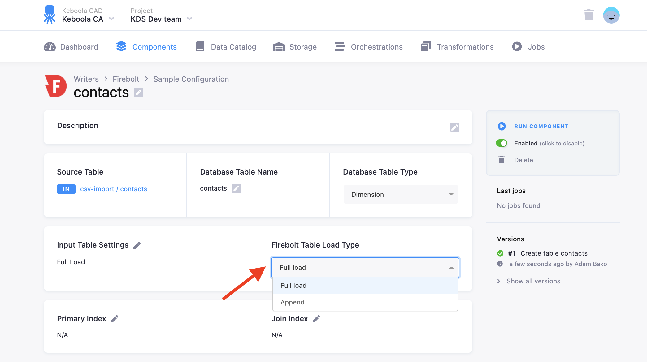 Screenshot - setting load settings on the Firebolt side